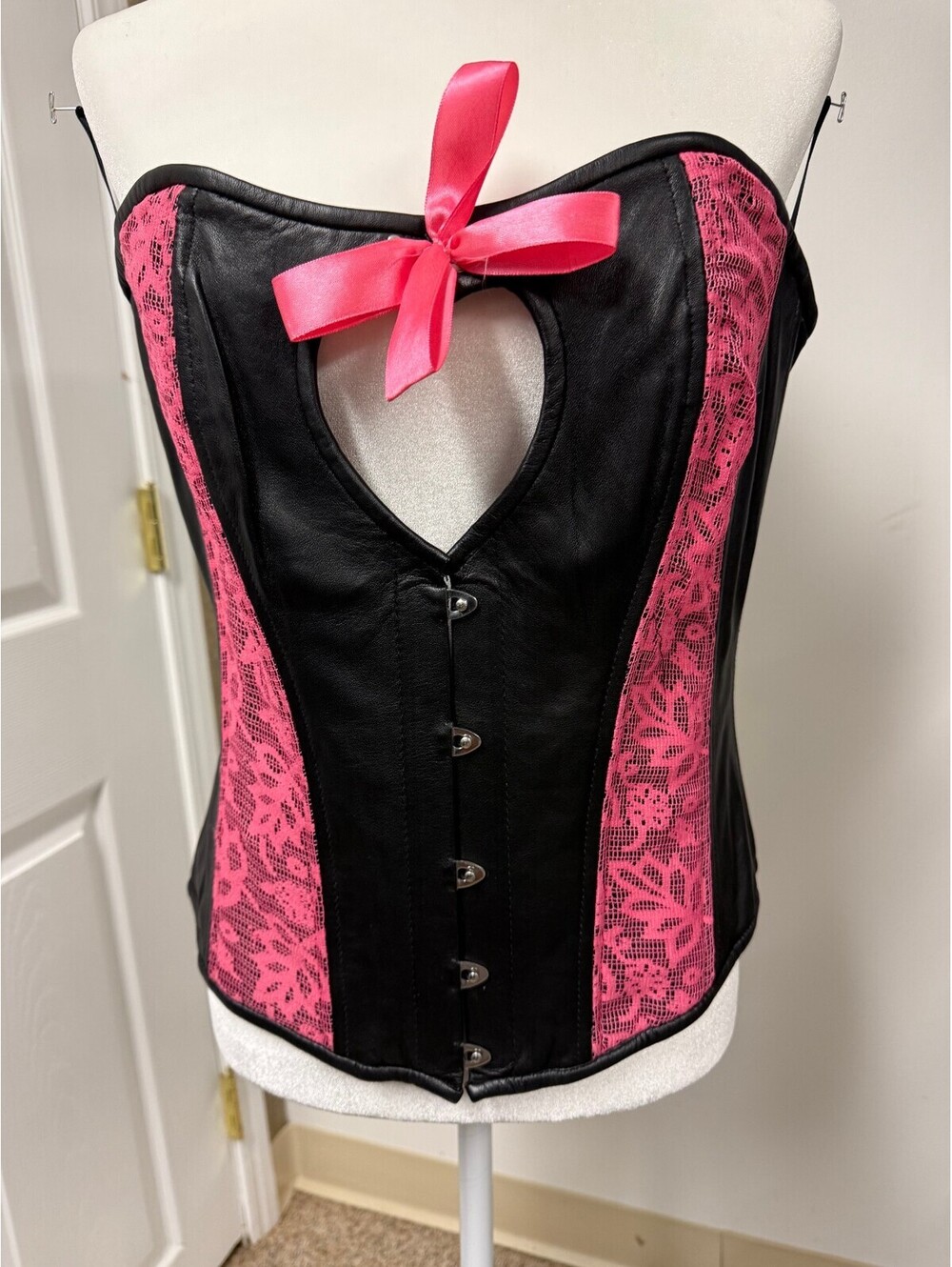 Black and Pink Lace Detail Genuine Soft Leather Corset Top XL